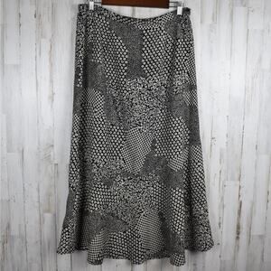 Vintage Women's Floral Patchwork Midi Skirt 14 Black Beige Boho Cottage Western